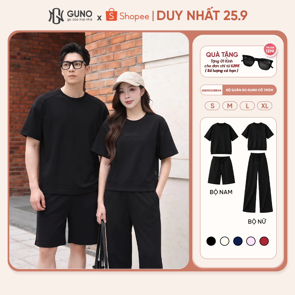 [BST Modal Cool 2026] Bộ Quần Áo Nam Nữ GUNO Cao Cấp Cổ Tròn Kèm Quần Suông Logo Thêu 26BG03/26BB04