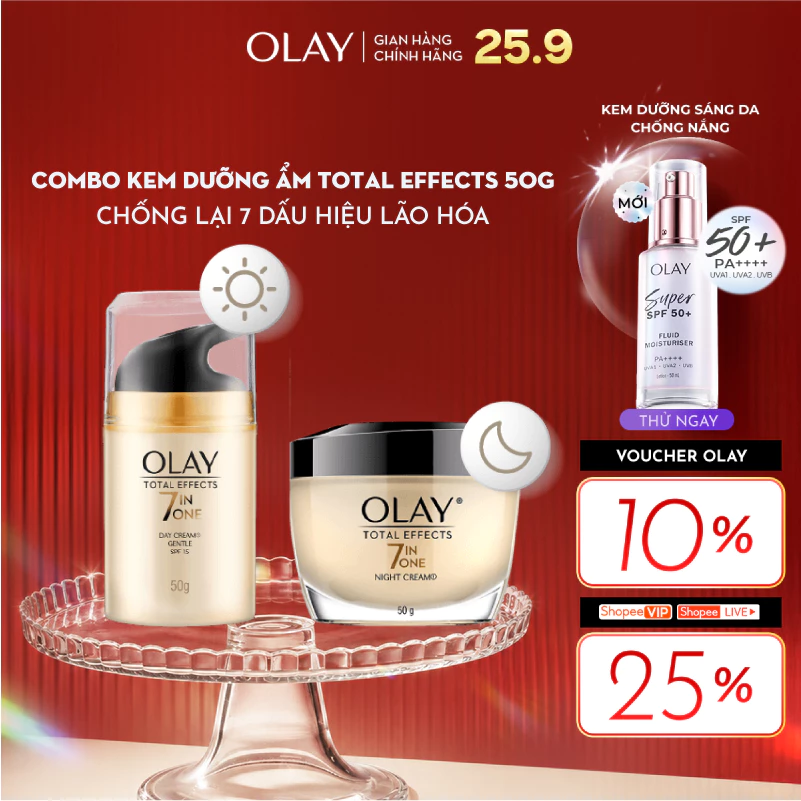 Bộ Kem Dưỡng OLAY TOTAL EFFECTS Ngày & Đêm Phục Hồi & Ngăn 7 Dấu Hiệu Lão Hóa 50G X2