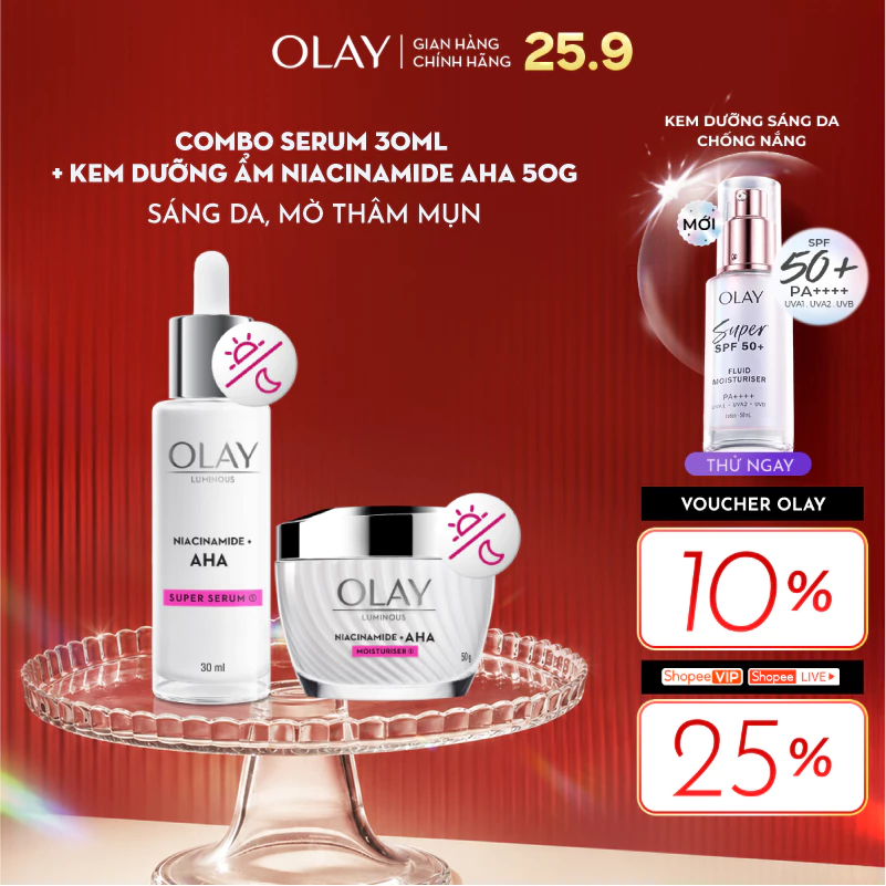 Combo 2: Kem Dưỡng Ẩm + Super Serum OLAY LUMINOUS NIACINAMIDE AHA Sáng Da, Mờ Thâm Mụn (50G + 30ML)