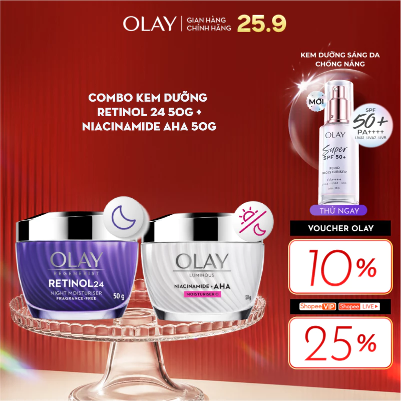 Combo 2: Kem Dưỡng OLAY RETINOL24 Mờ Nếp Nhăn 50G & Kem Dưỡng OLAY LUMINOUS AHA Sáng Da, Mờ Thâm Mụn 50G