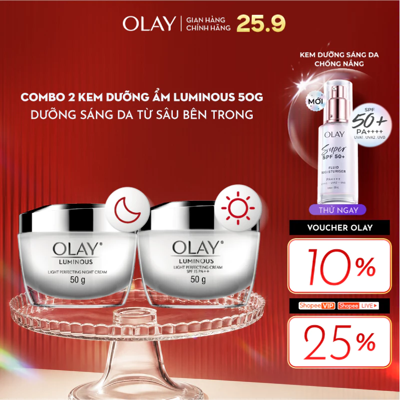 Combo 2: Kem Dưỡng Ẩm OLAY LUMINOUS Ngày & Đêm Dưỡng Sáng Da 50G X2