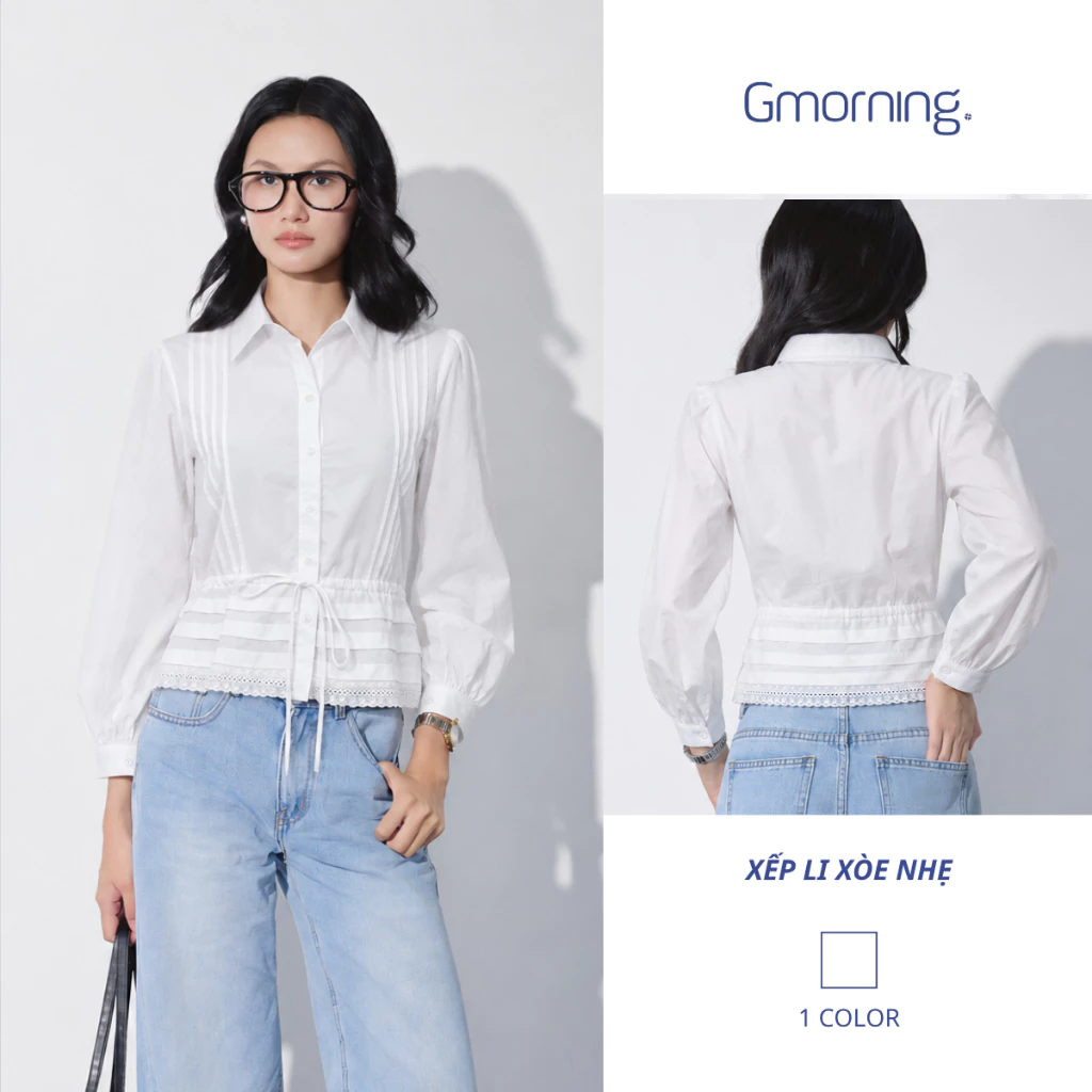 Áo Sơ Mi Nữ Gmorning YAG10161 Tay Dài Form Peplum Rút Eo Xếp Ly, Áo Kiểu Nữ Công Sở Thanh Lịch