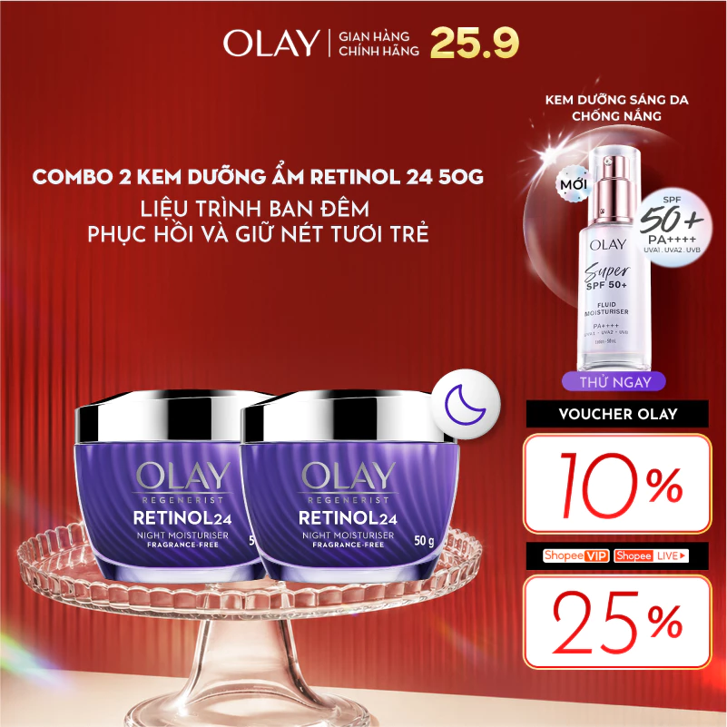 Combo 2: Kem Dưỡng Ẩm Ban Đêm OLAY RETINOL24 Giúp Mờ Nếp Nhăn 50G X2
