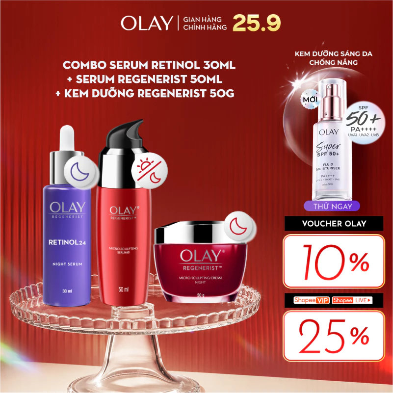 Combo 3: Kem Dưỡng Ẩm Ban Đêm OLAY REGENERIST 50G, Serum OLAY REGENERIST 50ML, Serum OLAY RETINOL24 30ML