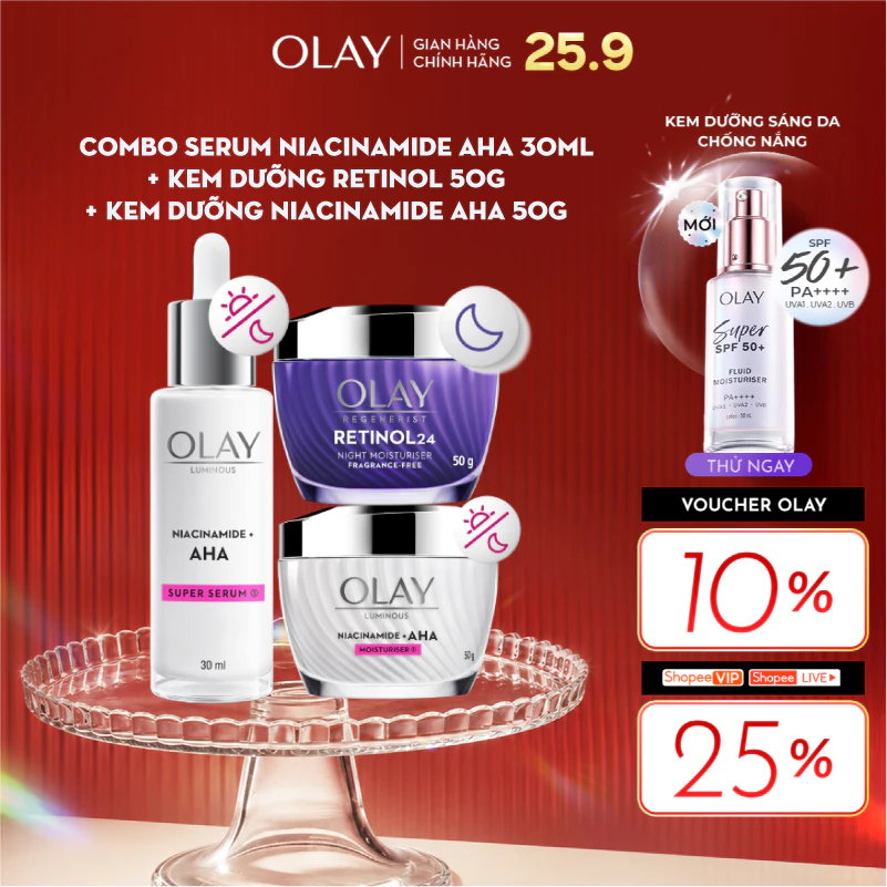 Combo 3: Kem Dưỡng Ẩm OLAY RETINOL24 50G, Kem Dưỡng Ẩm & Super Serum Sáng Da OLAY LUMINOUS AHA 50G + 30ML