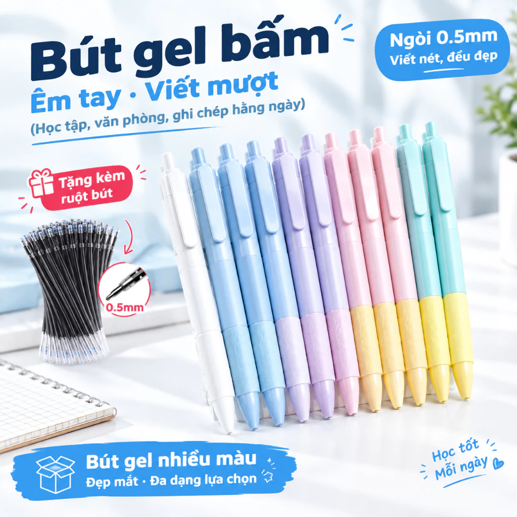 M.Y. bút bi gel ST viết trơn dành cho học sinh sinh viên, bút gel mực xanh, mực đen viết chữ đẹp