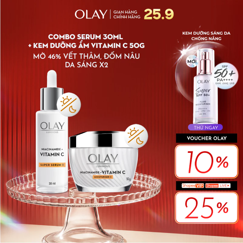 Combo2:Kem Dưỡng & Super Serum OLAY Luminous Niacinamide & Vitamin C Giúp Mờ Vết Thâm, Đốm Nâu, Dưỡng Sáng Da (50G+30ML)