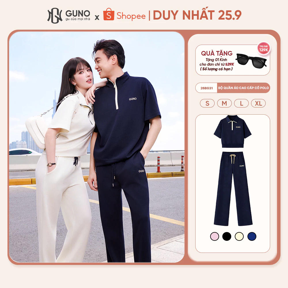 [BST Modal Cool] Bộ Quần Áo Nam Nữ GUNO Modal Cool Cao Cấp Cổ Polo Kéo Khoá Quần Suông 26BG31/BB32