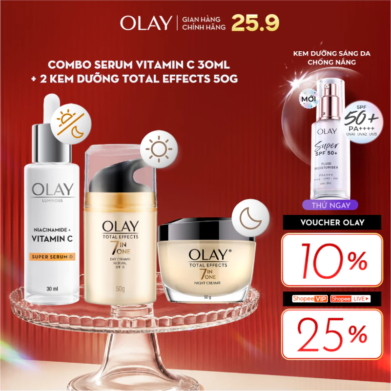 Combo 3: Kem Dưỡng Ẩm Ngày, Đêm OLAY TOTAL EFFECTS + Super Serum OLAY LUMINOUS NIACINAMIDE VITAMIN C (50G X2 + 30ML)