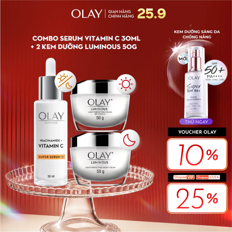 Combo 3: Kem Dưỡng Ẩm Ngày, Đêm OLAY LUMINOUS + Super Serum OLAY LUMINOUS NIACINAMIDE VITAMIN C (50G X2 + 30ML