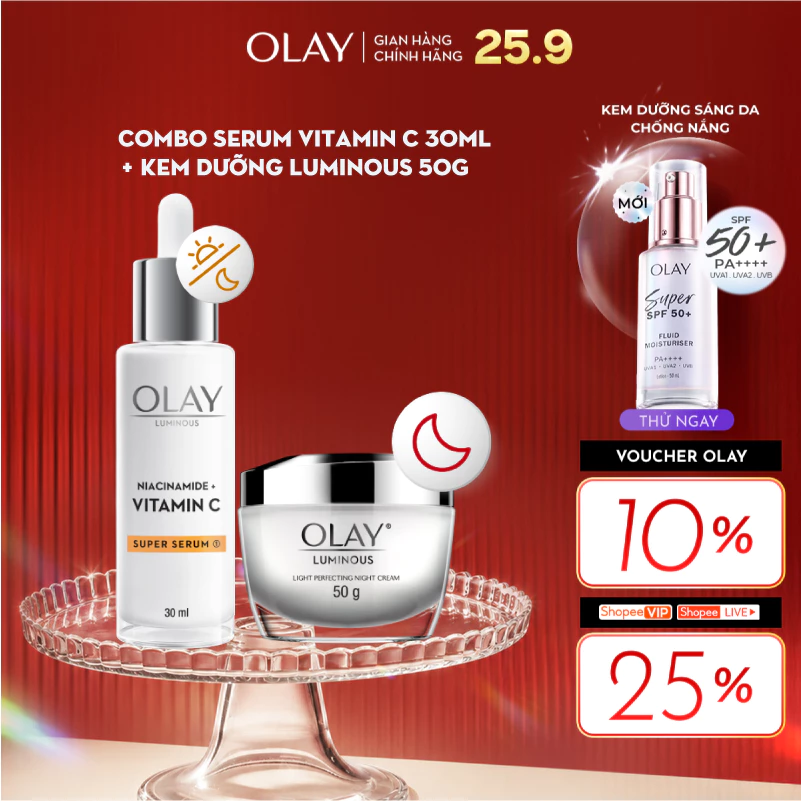 Combo 2: Kem Dưỡng Ẩm Ban Đêm OLAY LUMINOUS + Super Serum OLAY LUMINOUS NIACINAMIDE VITAMIN C (50G + 30ML)