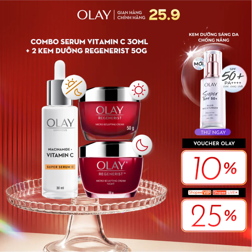 Combo 3: Kem Dưỡng Ẩm Ngày, Đêm OLAY REGENERIST + Super Serum OLAY LUMINOUS NIACINAMIDE VITAMIN C (50G X2 + 30ML)