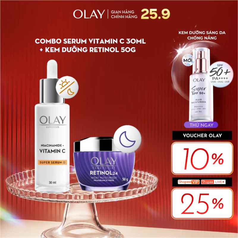 Combo 2: Kem Dưỡng Ẩm Ban Đêm OLAY RETINOL24 + Super Serum OLAY LUMINOUS NIACINAMIDE VITAMIN C (50G + 30ML)