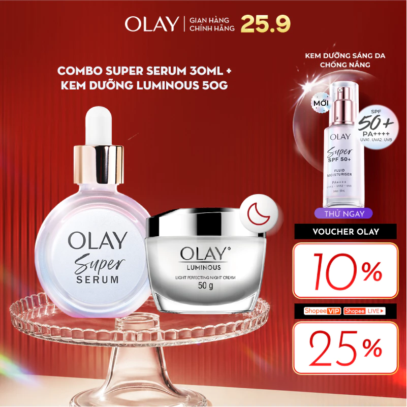 Combo 2 Super Serum OLAY 5 Dưỡng Chất Trong 1 30ml Và Kem Dưỡng Sáng Da Ban Đêm OLAY Luminous 50g