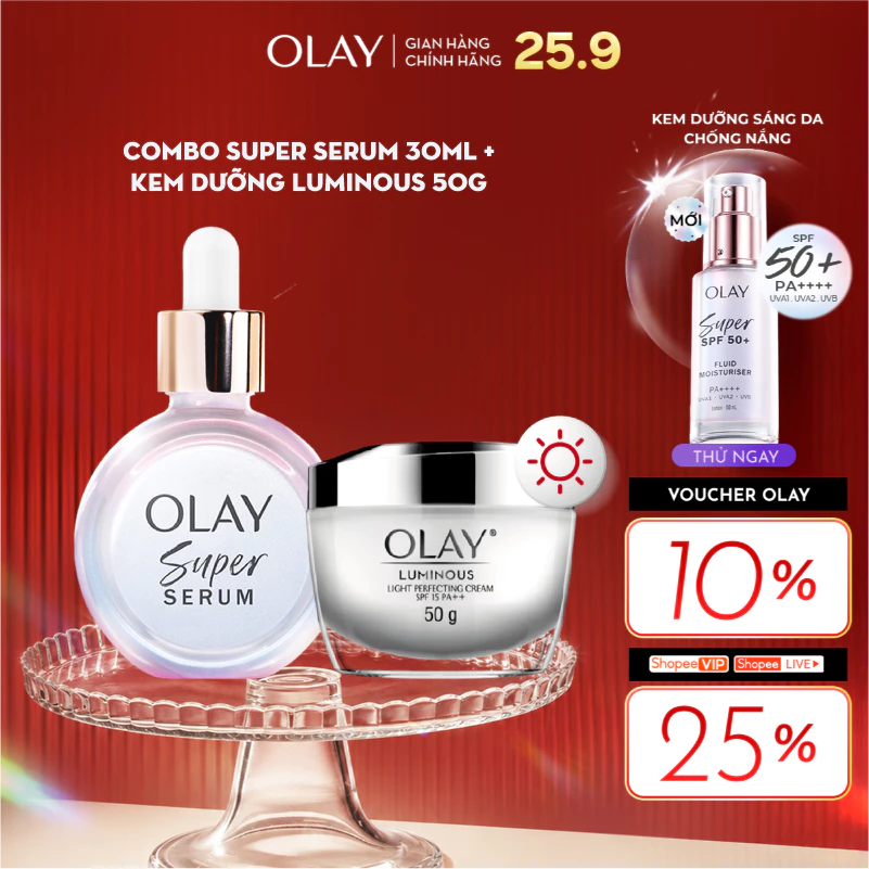 Combo 2 Super Serum OLAY 5 Dưỡng Chất Trong 1 30ml Và Kem Dưỡng Sáng Da Ban Ngày OLAY Luminous 50g