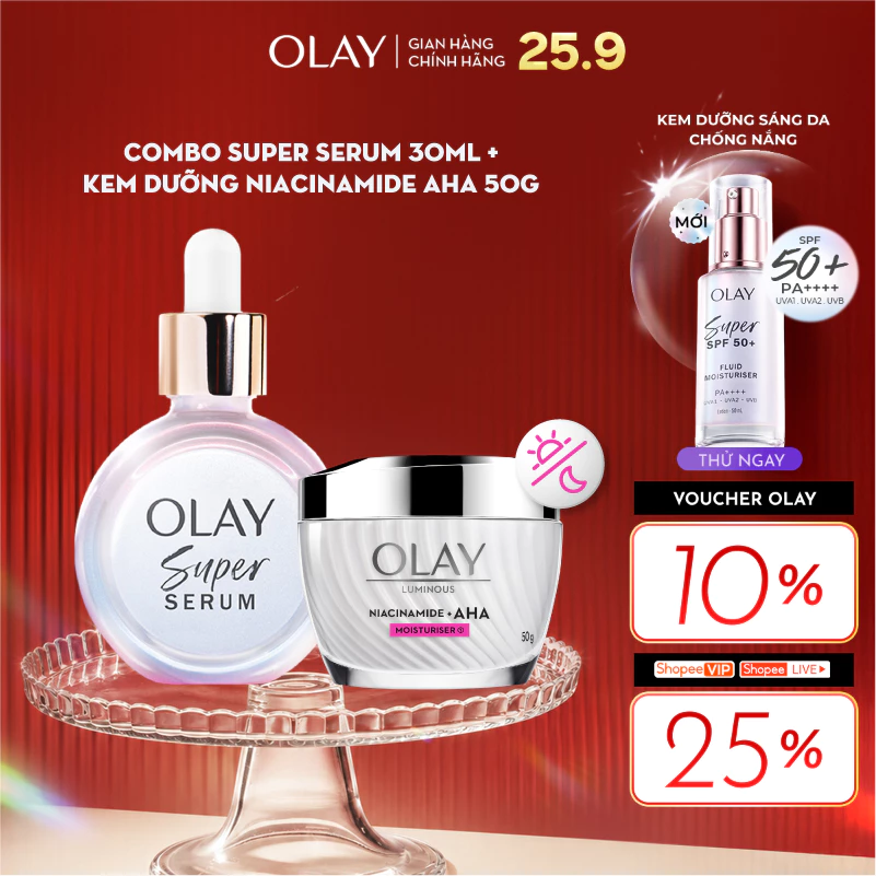 Combo 2 Super Serum OLAY 5 Dưỡng Chất Trong 1 30ml Và Kem Dưỡng Ẩm OLAY LUMINOUS NIACINAMIDE AHA 50G