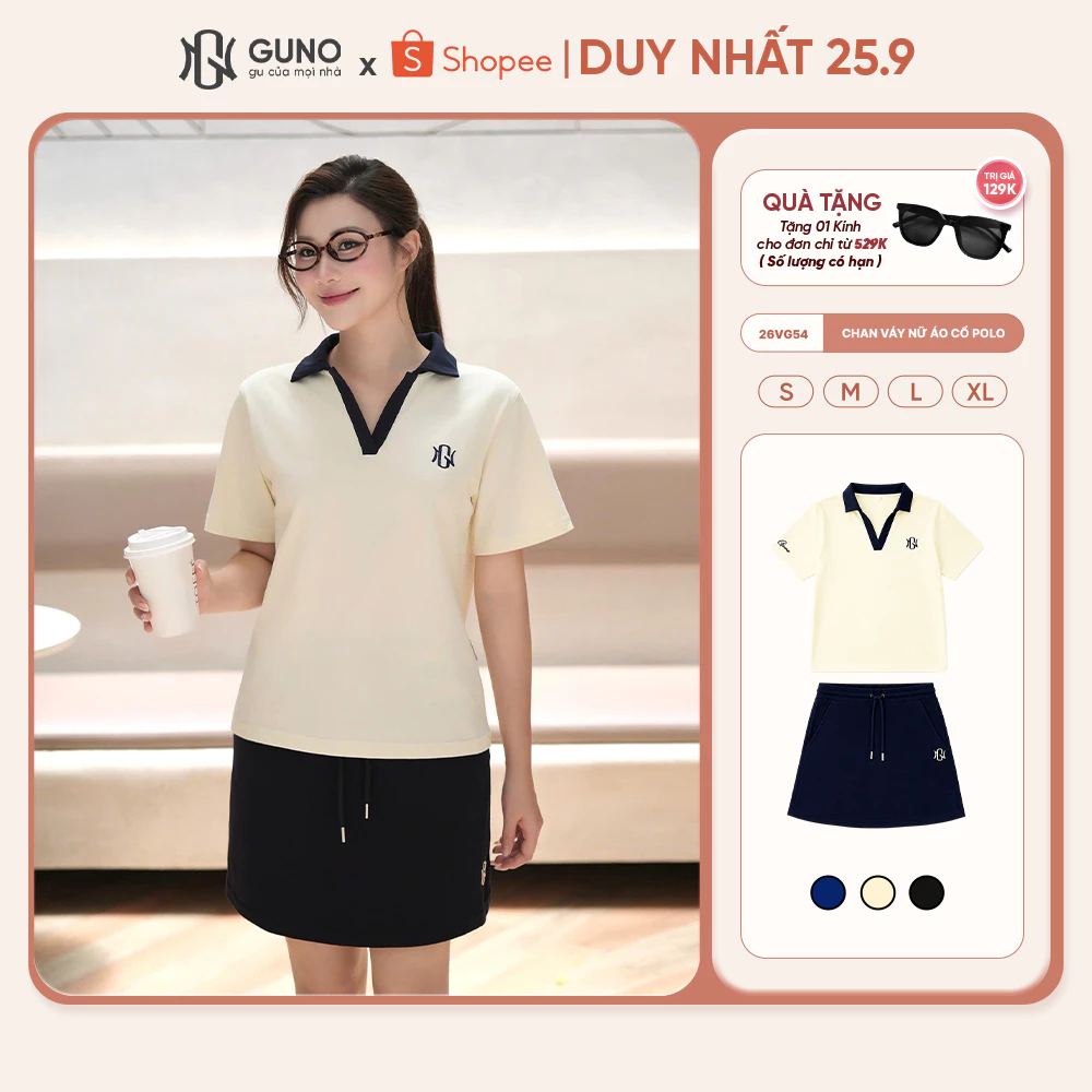 [COTTON INTER] Set Váy Áo Nữ GUNO Cao Cấp Thoáng Khí Cổ Polo Phối Màu Logo Thêu Thời Trang 26VG54