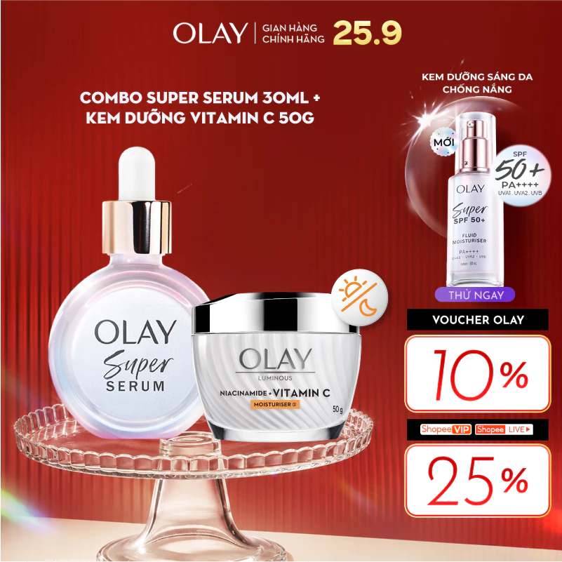 Combo 2 Super Serum OLAY 5 Dưỡng Chất Trong 1 30ml Và Kem Dưỡng Ẩm OLAY LUMINOUS NIACINAMIDE + VITAMIN C 50G