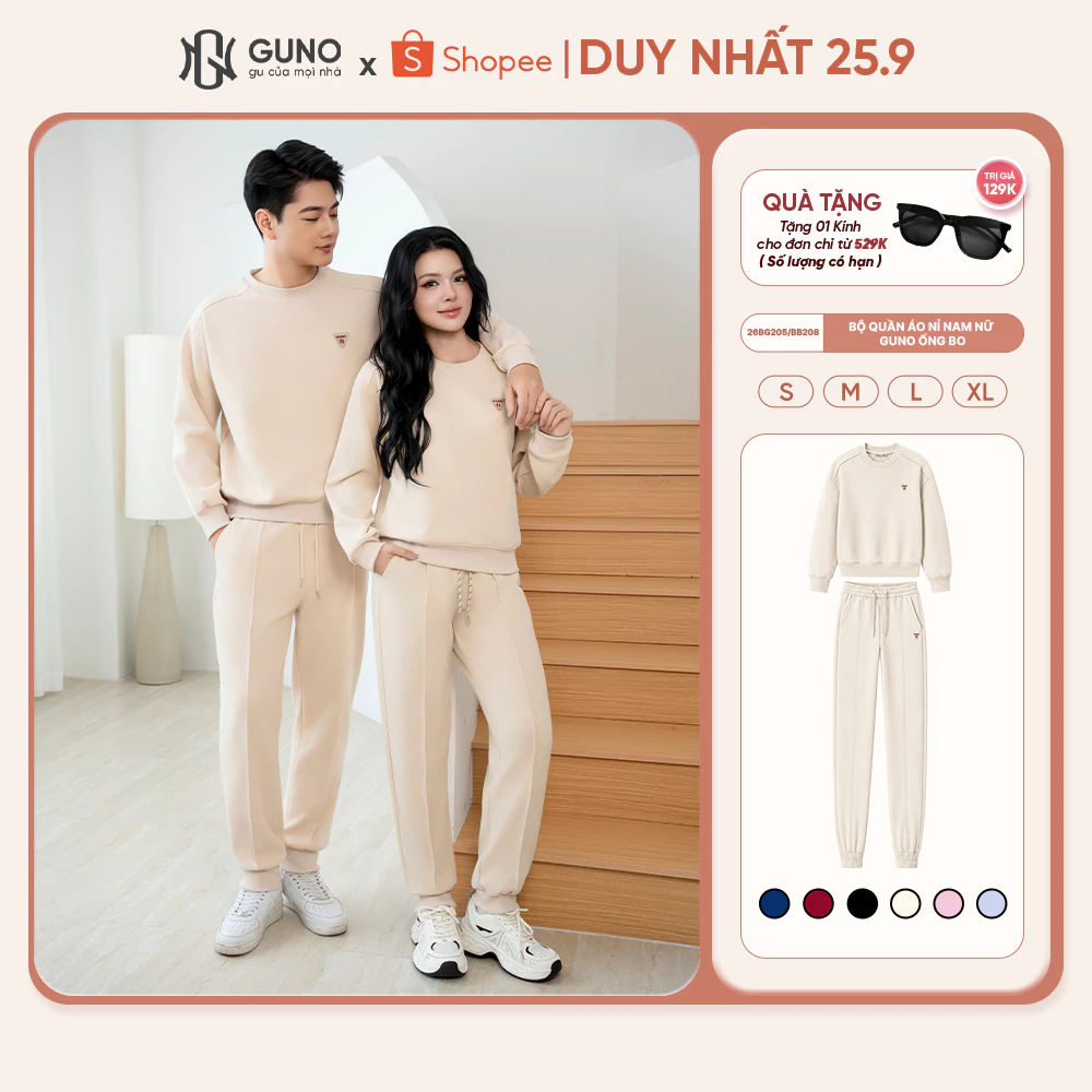 Bộ Quần Áo Nỉ Nam Nữ GUNO Cổ Tròn Quần Bo Gấu Thêu Logo Set Bộ Thu Đông Thời Trang SP5 26BG205/BB208