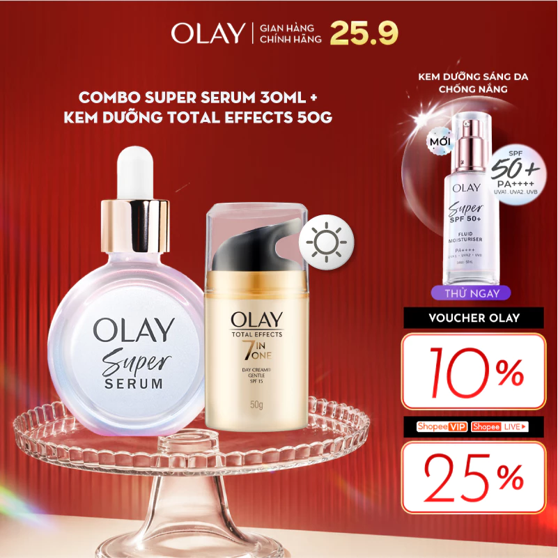 Combo 2 Super Serum OLAY 5 Dưỡng Chất Trong 1 30ml Và Kem Dưỡng Ẩm OLAY TOTAL EFFECTS Ban Ngày 50G