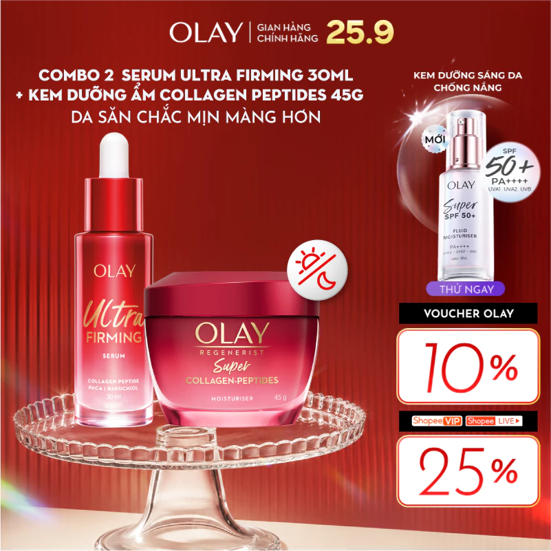 [MỚI] Combo Kem Dưỡng Ẩm OLAY Super Collagen Peptides + Serum OLAY Ultra Firming Giúp Da Săn Chắc Mịn Màng (45G + 30ML)