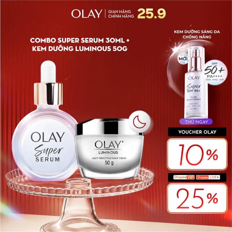 [LS] Combo 2 Super Serum OLAY 5 Dưỡng Chất Trong 1 30ml Và Kem Dưỡng Sáng Da Ban Đêm OLAY Luminous 50g