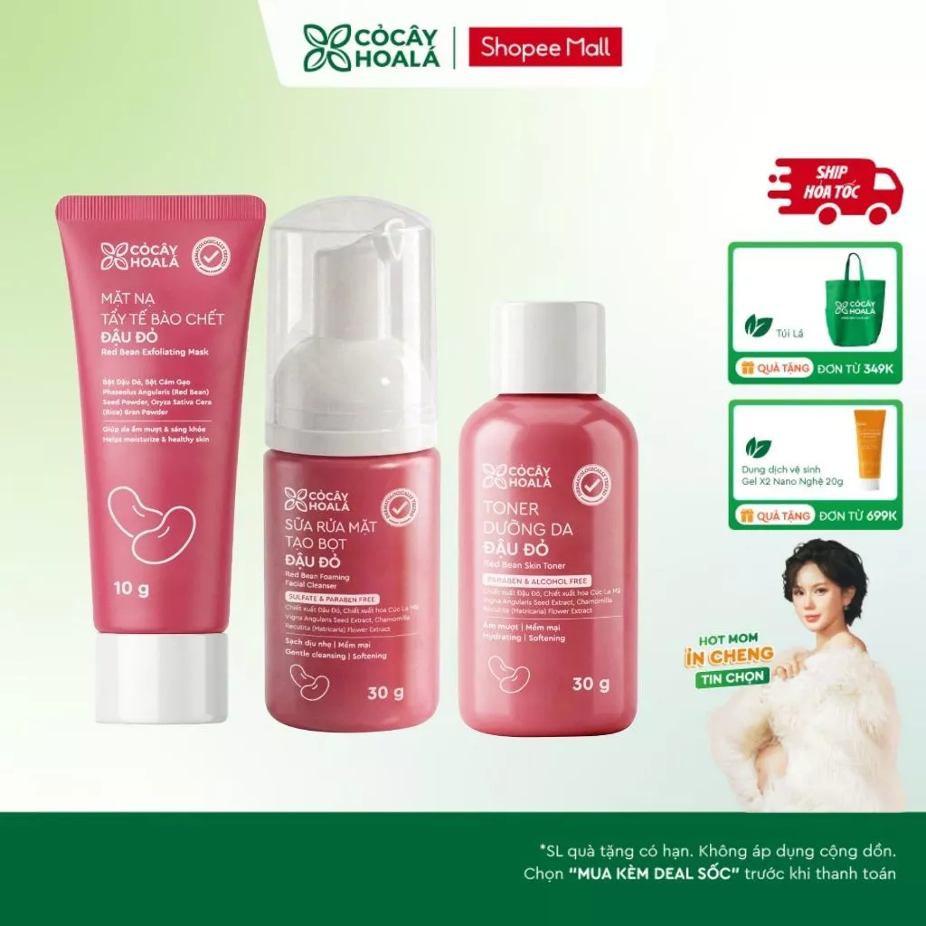[HỎA TỐC] Combo Chăm Da Minisize Cỏ Cây Hoa Lá: Sữa Rửa Mặt Đậu Đỏ, Mặt Nạ Tẩy Da Chết Đậu Đỏ 2in1, Toner Đậu Đỏ