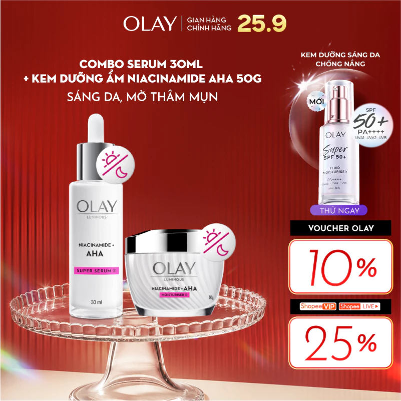 [LS] Combo 2: Kem Dưỡng Ẩm + Tinh Chất Serum OLAY LUMINOUS NIACINAMIDE AHA Sáng Da, Mờ Thâm Mụn (50G + 30ML)