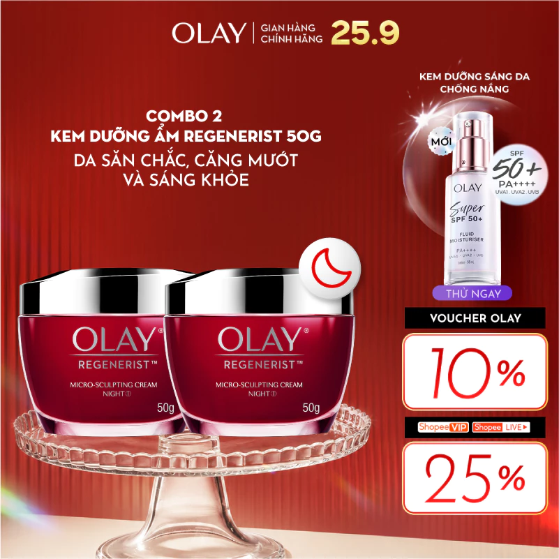 [LS] Bộ 2 Kem Dưỡng Ẩm OLAY REGENERIST Ban Đêm Căng Mướt, Sáng Khỏe & Phục Hồi Dấu Hiệu Lão Hóa 50GX2