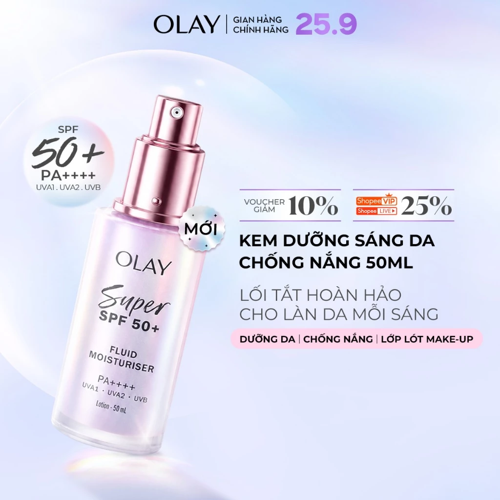 [MỚI] Kem Dưỡng Sáng Da Chống Nắng Mỏng Nhẹ OLAY SUPER SPF50+ PA++++ 3-in-1 Dưỡng Da, Chống Nắng, Lớp Lót Makeup 50ml