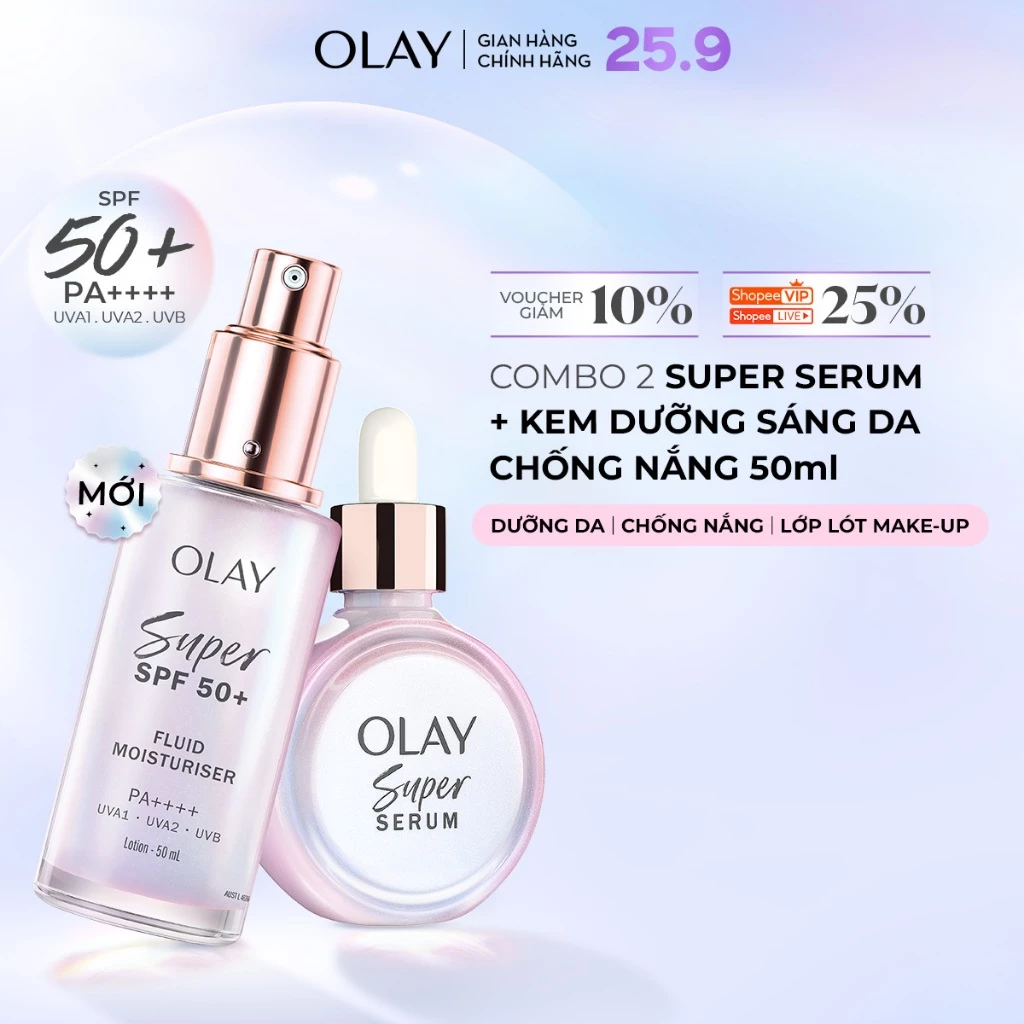 [MỚI] Combo Kem Dưỡng Sáng Da Chống Nắng Mỏng Nhẹ OLAY SUPER SPF50+ | PA++++ Và SUPER  Serum OLAY 5in1 (50ml+30ml)