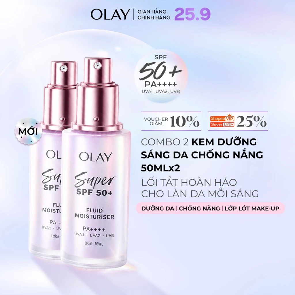 [MỚI] Combo 2 Kem Dưỡng Sáng Da Chống Nắng Mỏng Nhẹ OLAY SUPER SPF50+PA++++ Dưỡng Da,Chống Nắng, Lớp Lót Makeup 50mlx2