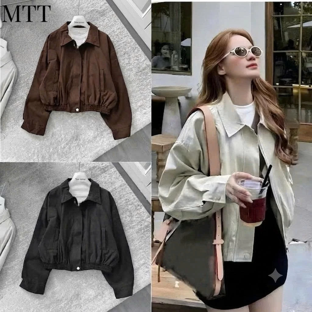 [HÀNG QC LOẠI 1] Áo Khoác Kaki Nữ Dáng Bomber Cổ Bẻ Basic 2 Lớp, Áo Jacket Kaki Dài Tay Có Túi, Bo Chun Gấu Áo