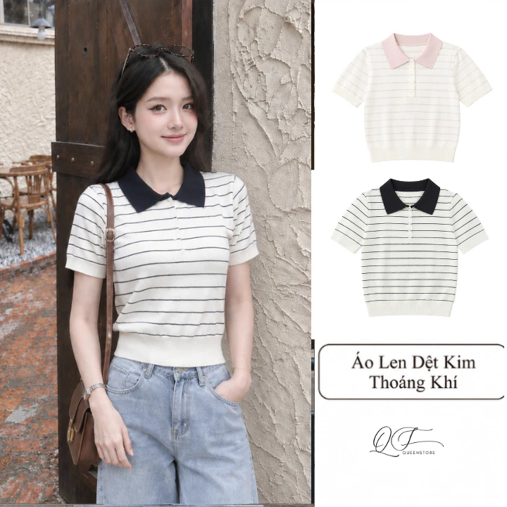 Áo Len Dệt Kim Kẻ Ngang Kem Xanh Thiết Kế Trẻ Trung Màu Sắc Basic Thanh Lịch LN56