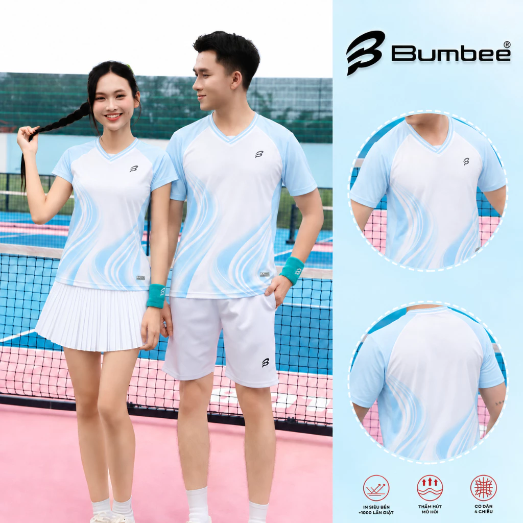 Áo cầu lông nam nữ Bumbee Premium cao cấp, vải lạnh siêu nhẹ thoáng khí gấp đôi, cổ tim raglan chuẩn thi đấu (2268 xanh