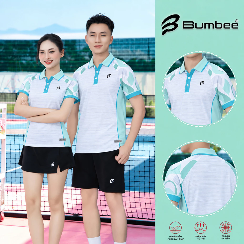 Áo Cầu Lông Bumbee Nam Nữ – Áo Polo Thể Thao Co Giãn 4 Chiều, Thấm Hút Mồ Hôi, Nhanh Khô (8826 trắng)