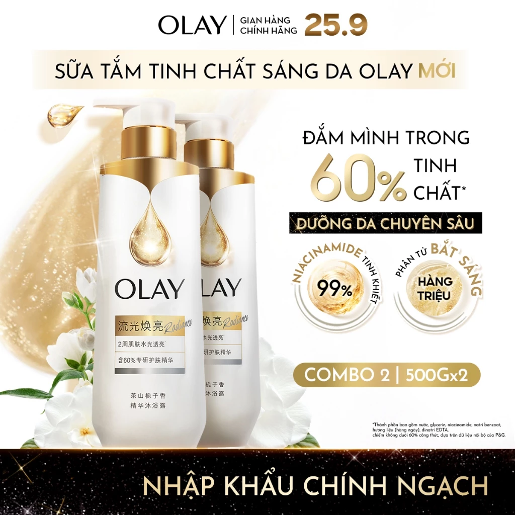 [MỚI] Combo 2 Sữa Tắm Sáng Da OLAY B3, Dưỡng Sáng Căng Bóng, Hương Hoa Dành Dành Kiêu Sa Chai 500Gx2
