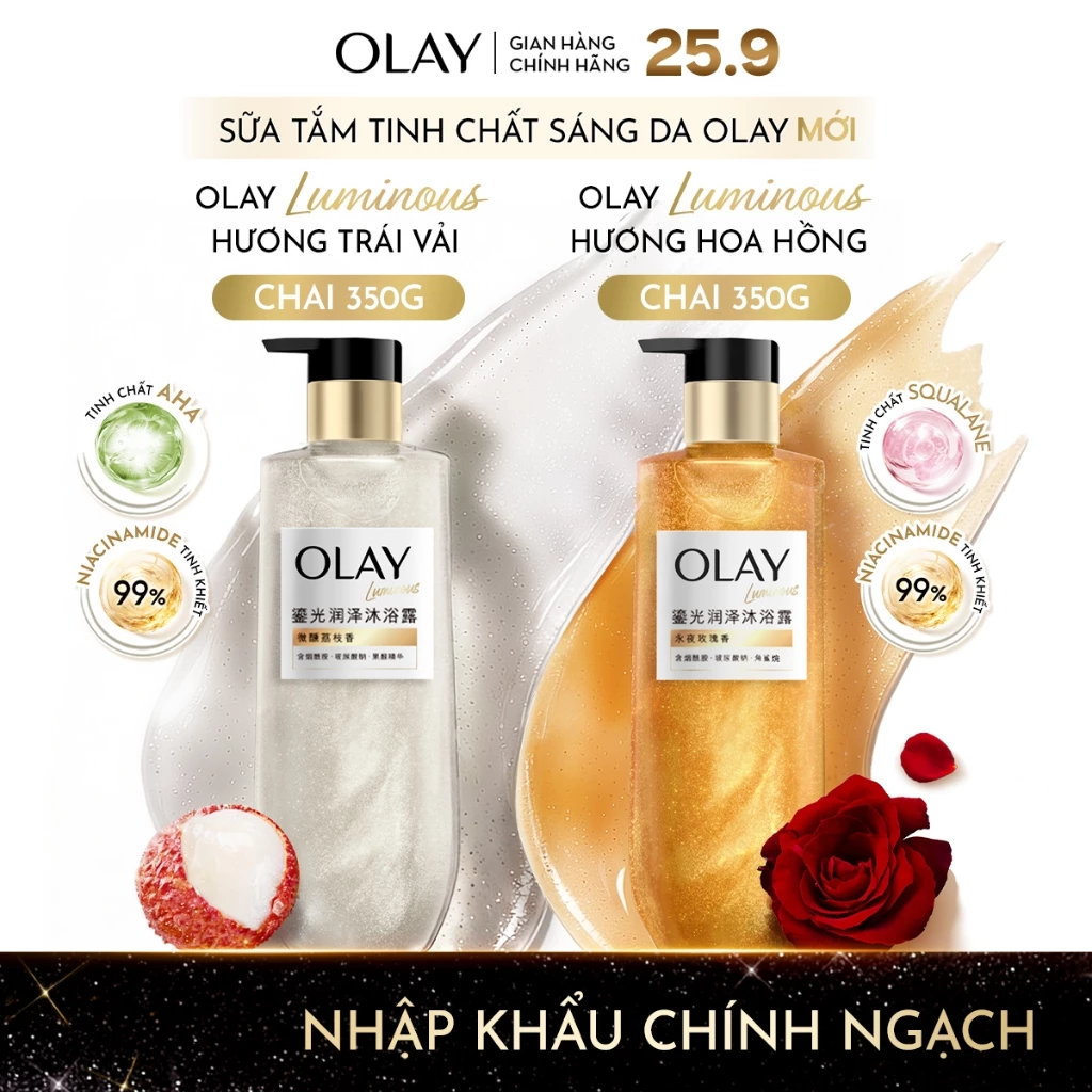 [MỚI] Sữa tắm Sáng Da Olay Luminous Hương Nước Hoa Cao Cấp: Hoa Hồng Dưỡng Ẩm & Trái Vải Mịn Da Chai 350G