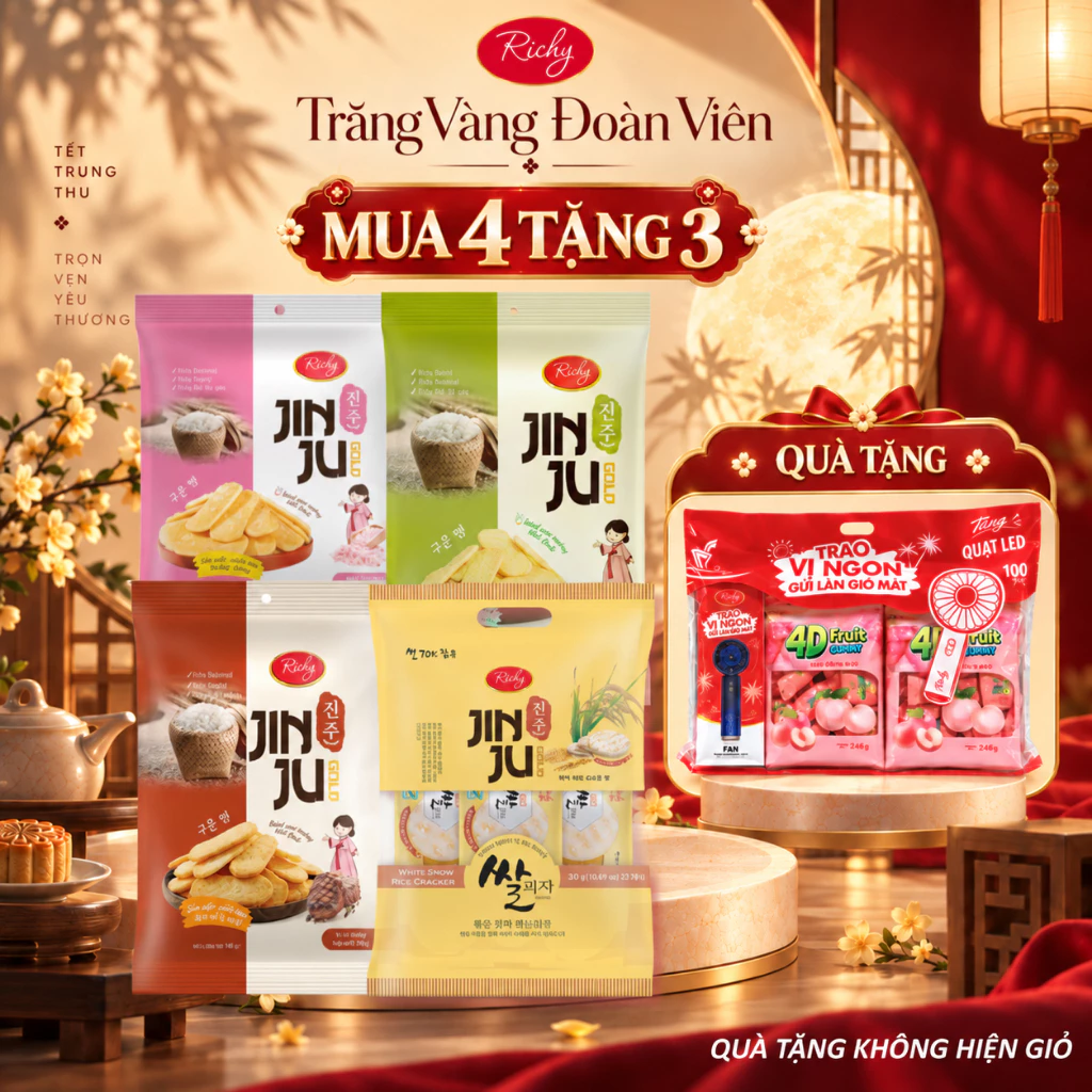 [MUA 4 TẶNG 3, Mua 3 Tặng 1] Combo 3-4 Gói Bánh Gạo Richy Jinju Các Vị: Mật Ong, Muối Hồng, Cốm Sữa, Bò Tiêu, Hàn Quốc