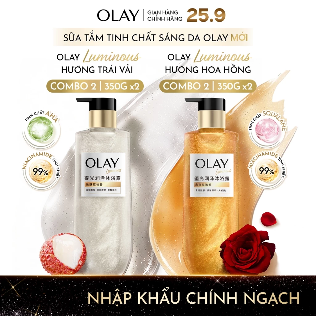 [MỚI] Combo 2 Sữa tắm Sáng Da Olay Luminous Hương Nước Hoa Cao Cấp: Hoa Hồng Dưỡng Ẩm & Trái Vải Mịn Da Chai 350Gx2