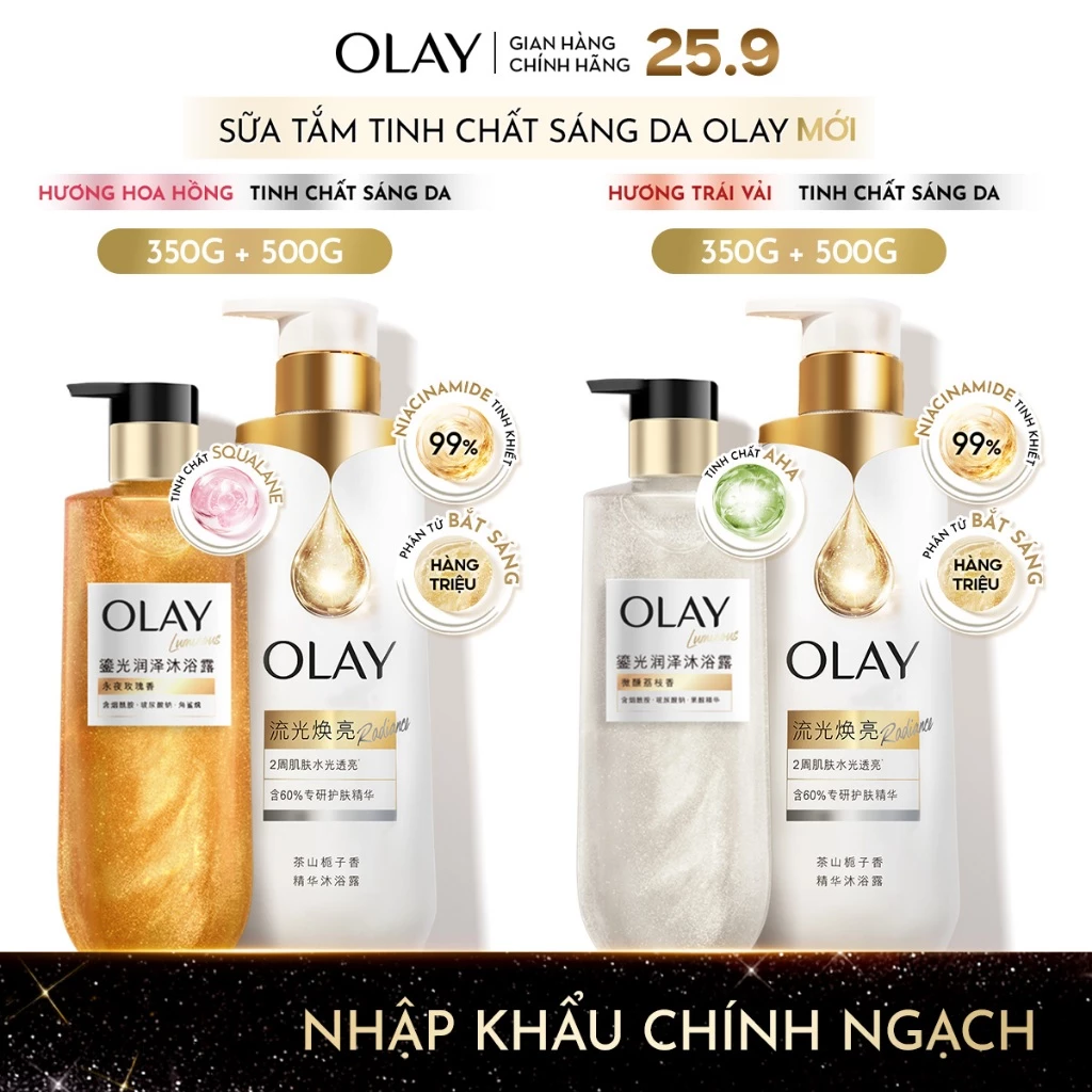 [MỚI] Combo 2 Sữa Tắm Sáng Da OLAY B3 Hương Hoa Dành Dành và Olay Luminous Hương Hoa Hồng/ Trái Vải Chai 500G+350g