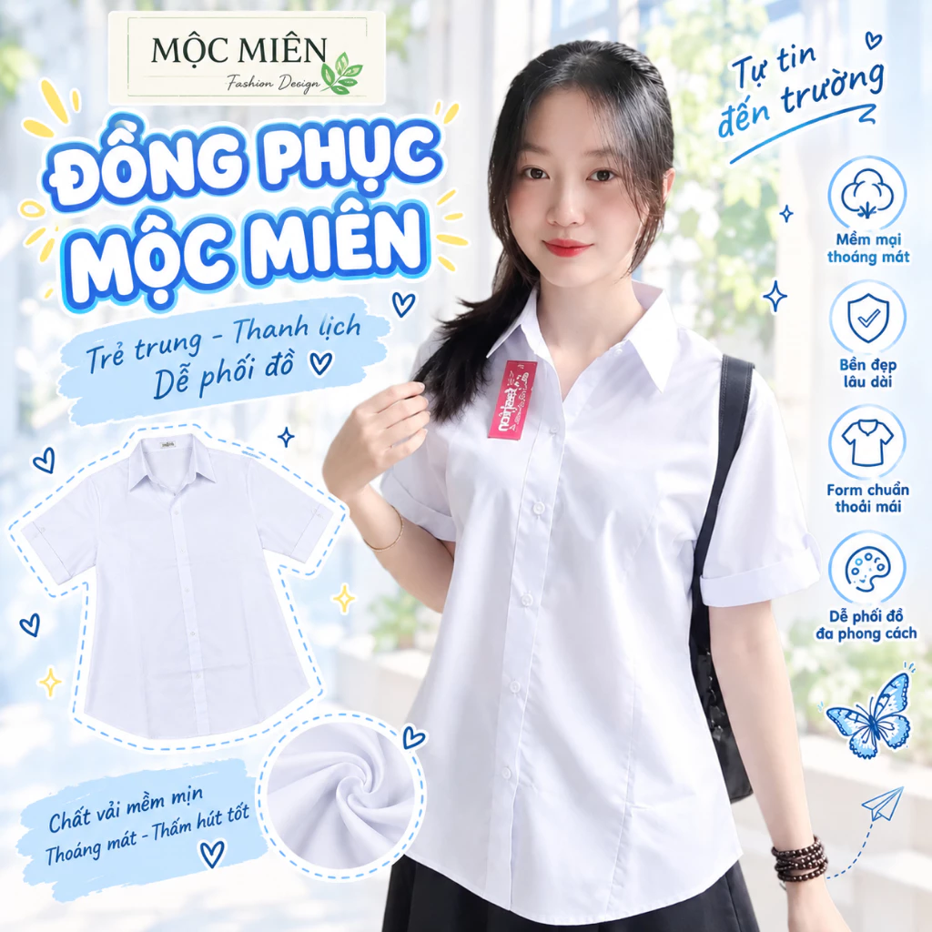 Áo Sơ Mi Trắng Nữ Đồng Phục Học Sinh, Sơ Mi Nữ Tay Ngắn Đồ Đi Học Cấp 1, Cấp 2, Cấp 3