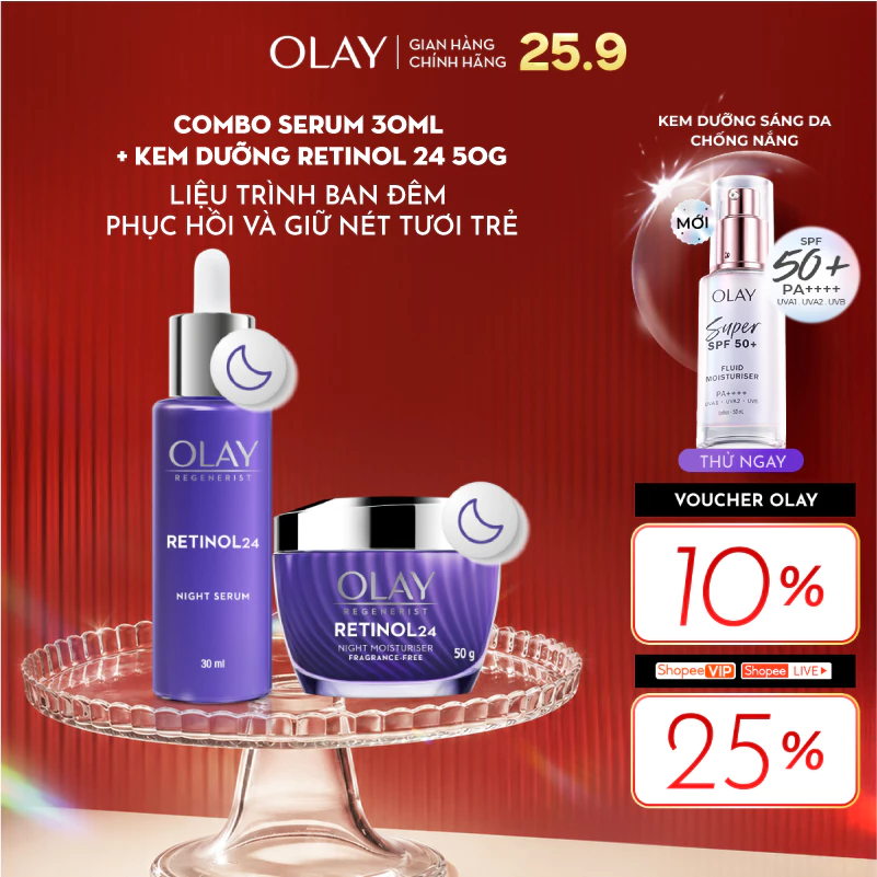[LS] Combo 2: Kem Dưỡng Ẩm Ban Đêm + Serum OLAY RETINOL24 Giúp Mờ Nếp Nhăn 50G + 30ML