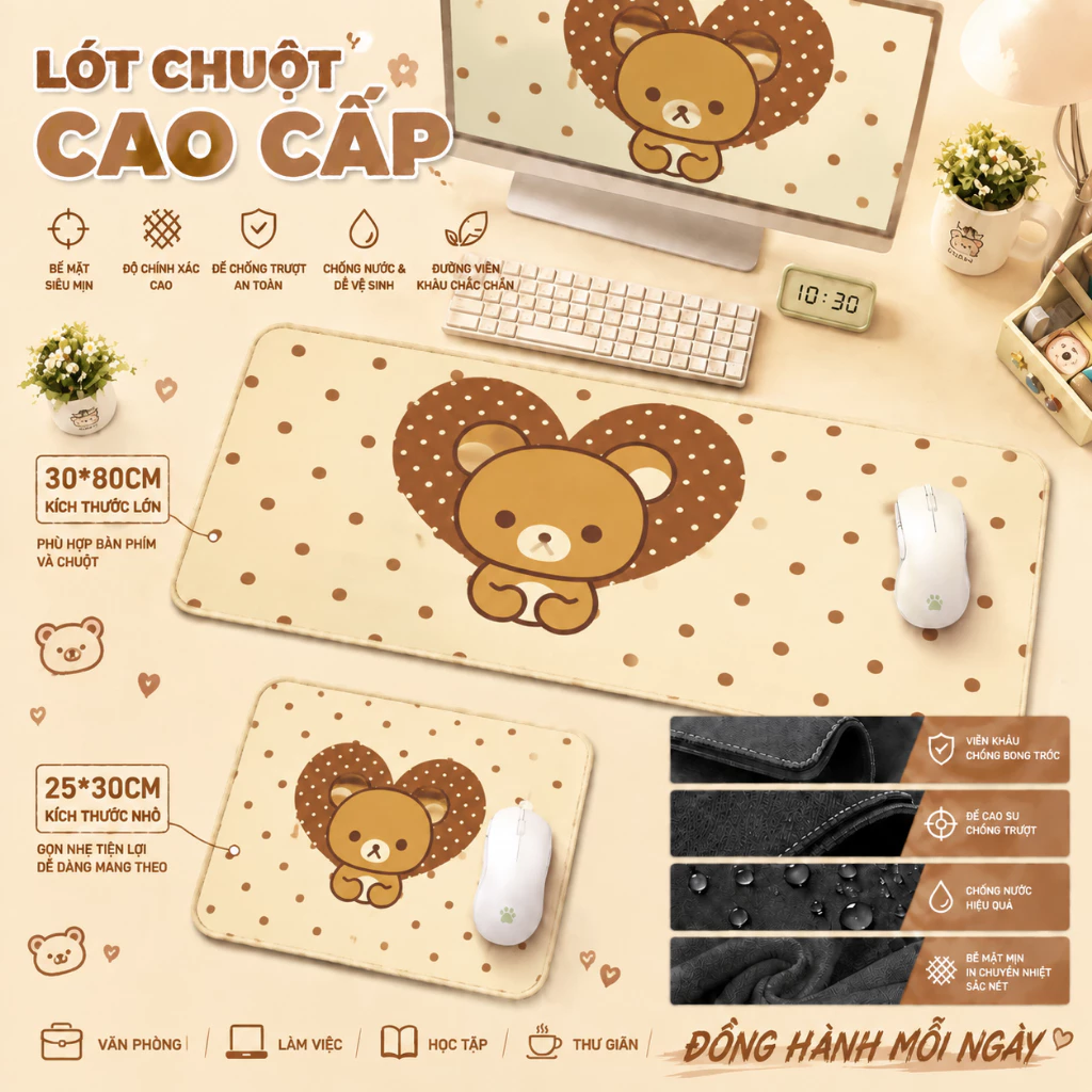 Tấm lót chuột Rilakkuma chấm bi dễ thương, tấm lót chuột cỡ lớn size 80x30 & 30x25, chống trượt