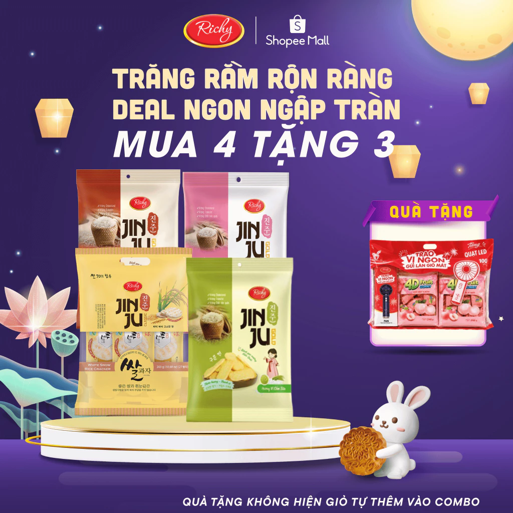 [MUA 4 TẶNG 3]  Tổng 4 gói bánh gạo Hàn Quốc Jinju Richy vị cốm sữa ganjang mật ong và bò nướng tiêu