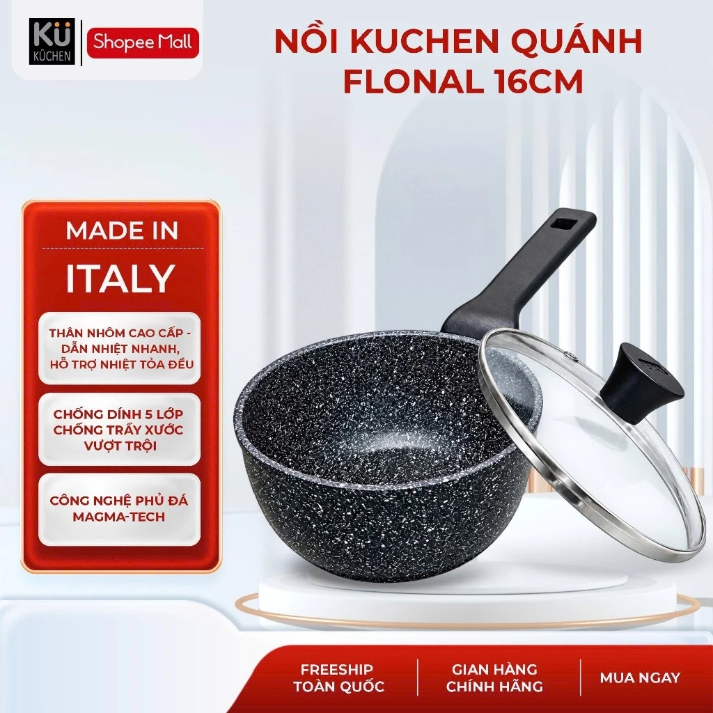 [MADE IN ITALIA] Quánh phủ chống dính 5 lớp Kuchen Flonal size 16cm kèm nắp