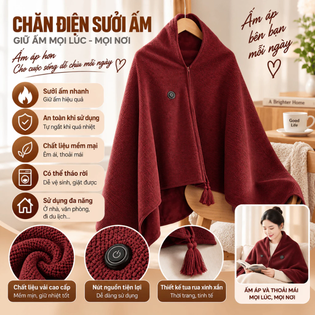 Chăn Sưởi Điện USB Nhiều Màu, Áo Choàng Sưởi Ấm Đa Năng, Thích Hợp Làm Chăn Văn Phòng