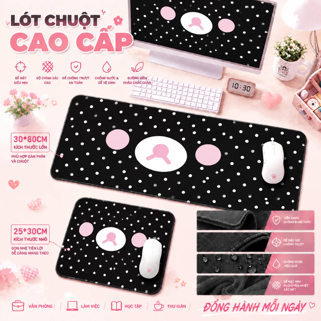 Tấm lót chuột Gấu thư giãn chấm bi đáng yêu, tấm lót chuột cỡ lớn 80x30 & 30x25, dễ vệ sinh