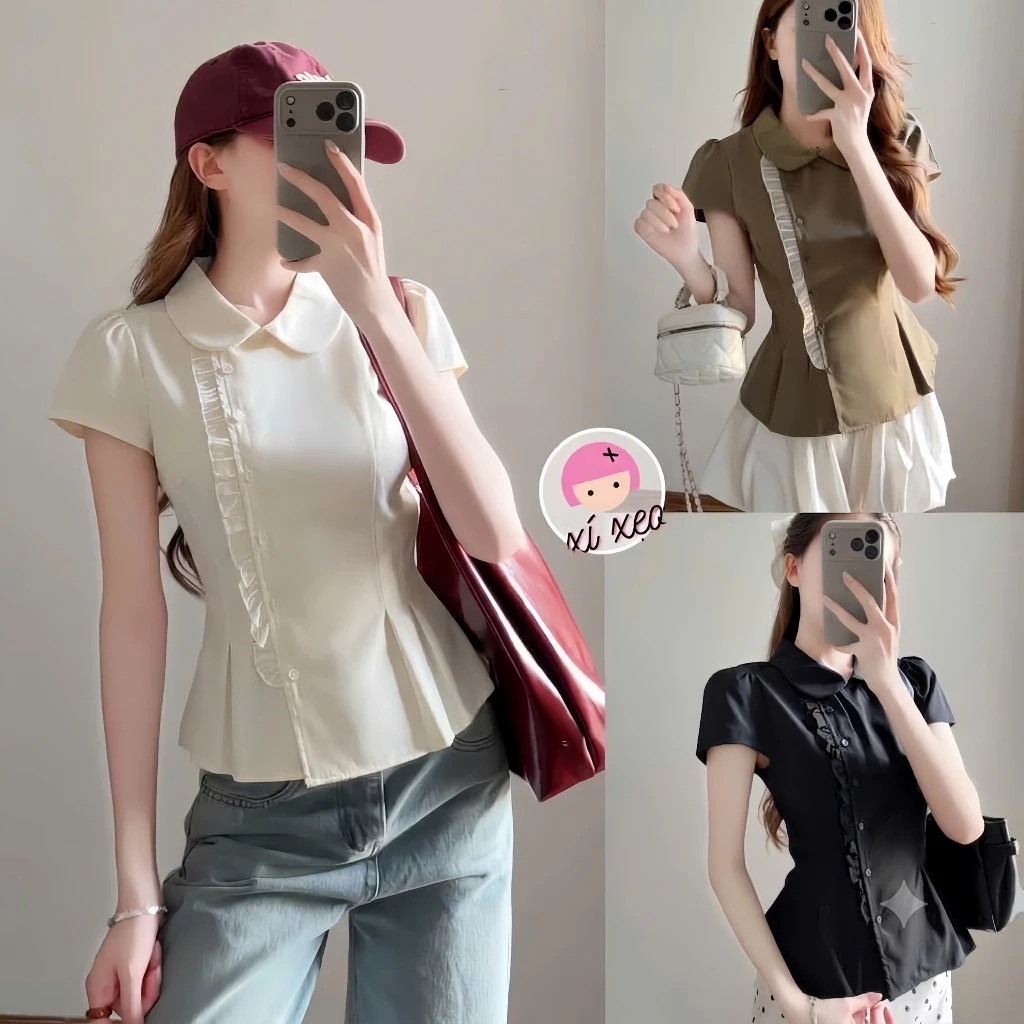 Áo sơ cổ sen XIXEOSHOP tay hến phối tơ chiết eo dáng ngắn kaki phong cách hàn quốc - A71