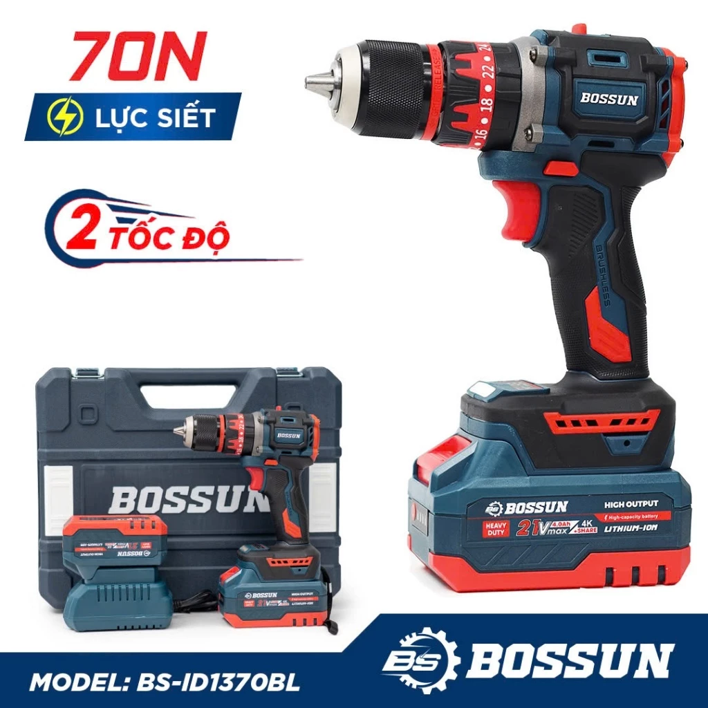 [MẪU MỚI] Máy Khoan Tường, Bắt Vít Bossun BS-ID1370BL - Khoan Tường, Gỗ, Sắt, Bắn Vít, Bắn Tôn Máy khoan dùng pin